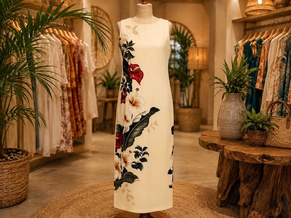 Iolani Hawaii Vintage 80s Maxi Dress S Cream Tropical Floral Hawaiian Resort